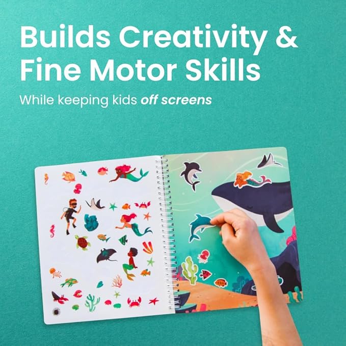 CUPKIN Mermaid Stickers, Toddler Sticker Book for Kids, Fun Toy, Toddler Road Trip Essentials, 300+ Girly Stickers + 8 Sticker Scenes and Coloring Pages, Mermaid Stickers Ages 2+