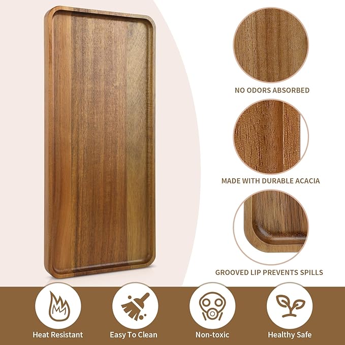 1 pcs 15.7" x 7" Large Solid Acacia Wood Serving Tray Rectangular Wooden Serving Platter Natural Wooden Board for Bar Coffee Party
