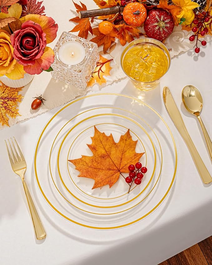 bUCLA 150Pcs Clear Gold Plastic Dinnerware Set - Clear and Gold Disposable Plates Include 25 Dinner / 25 Dessert Plates,25 Knives,25 Forks,25 Spoons,25 Cups for Party, Fall & Thanksgiving