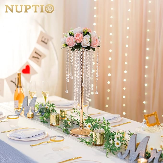 NUPTIO Gold Vases for Centerpieces Wedding - 10 Pcs 21.7in Tall Vase Centerpieces for Tables - Chandelier Flower Stand Bulk