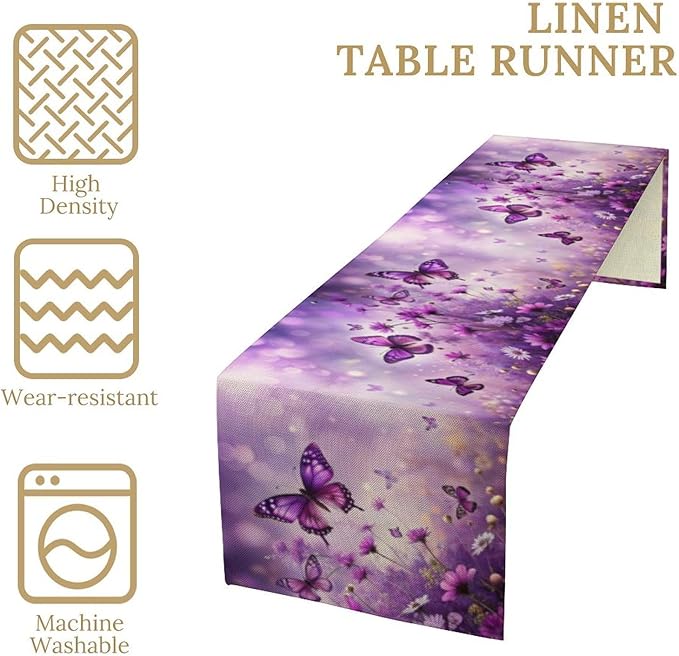 Flowers Butterfly Spring Table Runner, Purple Floral Seasonal Kitchen Dining Table Decoration for Home Party Decor 13x90 Inch