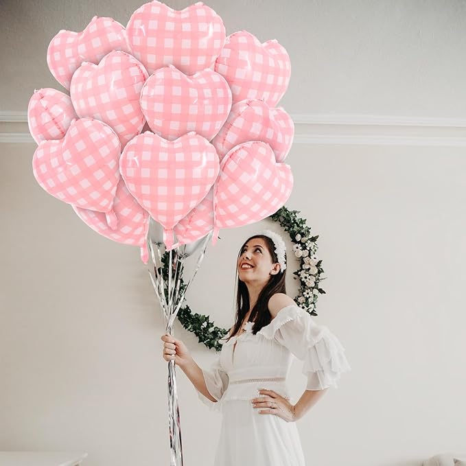 TONIFUL 15Pcs 18 Inch Checkered Pink Balloons Checkered Pink Heart Shape Foil Mylar Banners Decoration for Birthday Valentine's Day Wedding Bridal Shower Anniversary Engagement Party Supplies
