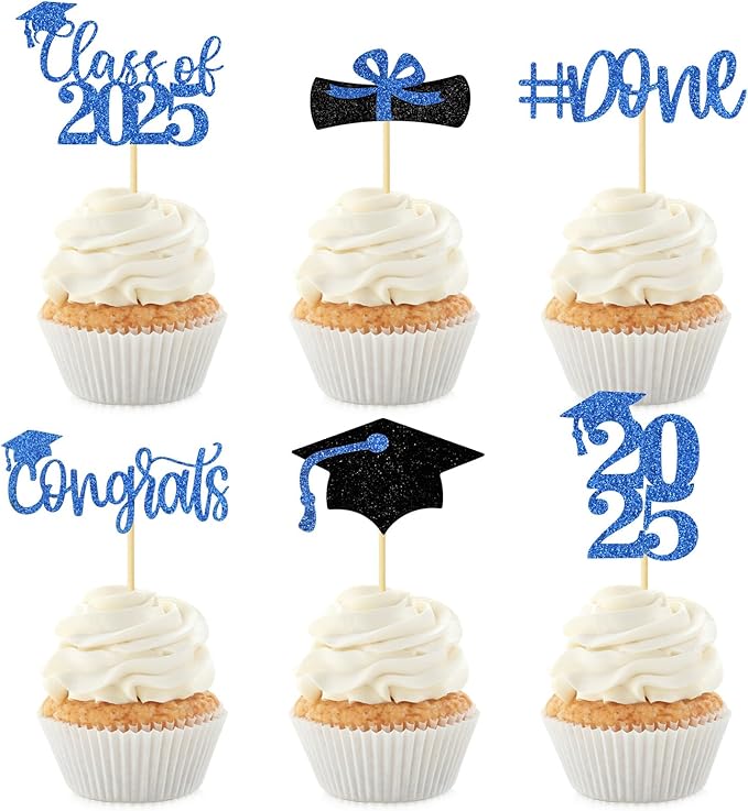 24Pcs Graduation Cupcake Toppers Glitter Congrats Grad Diploma 2025 Graduation Cap Cupcake Picks Class of 2025 Cake Decorations for 2025 Theme Party Supplies(Blue)