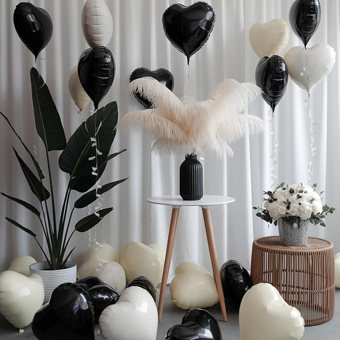 Black White Heart Balloons, 19PCS Black and Cream White Heart Shape Balloon, 18Inch with 10Inch White Sand Black Helium Foil Balloon for Birthday Baby Shower Bridal Wedding Party Decorations