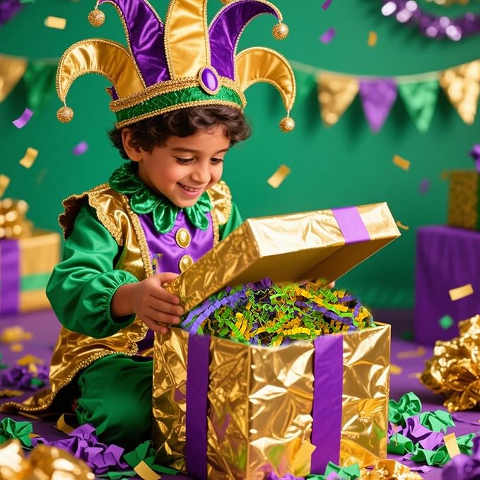 1 LB Gold Green Purple Crinkle Cut Paper Shred Filler Great for Gift Wrapping, Basket Filling, Birthday, Wedding, Mardi Gras, Carnival, Christmas Day, New Year Party Decorations Filling Supplies