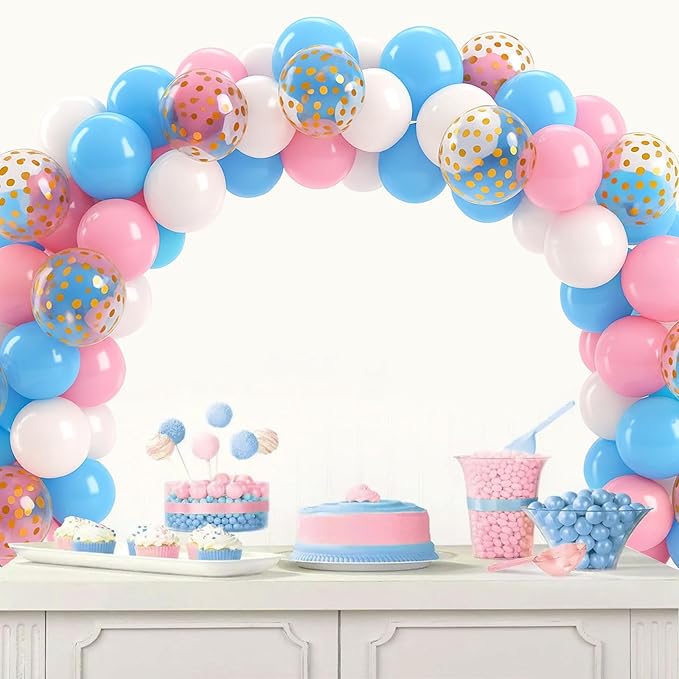 Patimate Gender Reveal Pink and Blue Balloons Set, 50 pcs 12 inch Pastel Blue Pink White Confetti Latex Balloons Kit for Gender Reveal Baby Shower Birthday Party Decorations