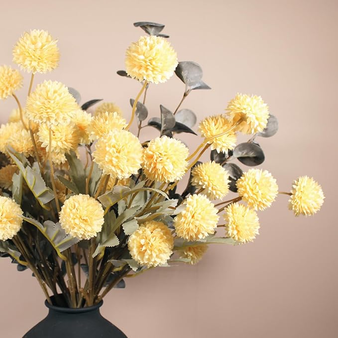 Yellow Flowers Artificial Long Stems Kiku Flower With Eucalyptus, Spring Flowers Decor, Mustard Yellow Decor, Flores Amarillas Artificiales Para Decoracion, Faux Easter Spring Summer Floral Stems