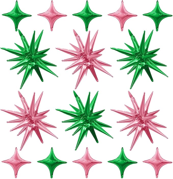 Pink Green Star Balloons,6Pcs 22Inch Explosion Star Balloons and 10Pcs 10Inch Four Angle Balloon Kit for Witch Birthday Anniversary Disco Party Decorations