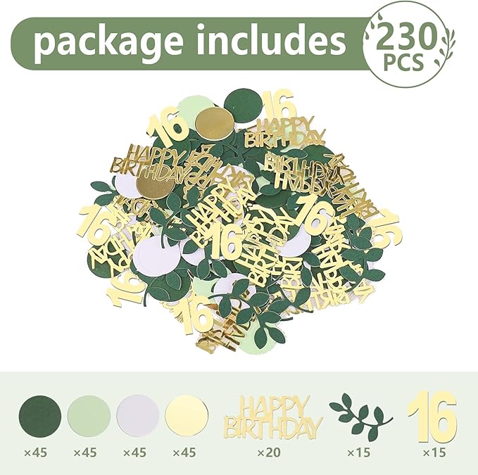 Sage Green 16th Happy Birthday Confetti, 16th Birthday Table Decorations Scatter Green Gold Foil Cake Confetti Decorations for 16 Bday Girls Boys Party Decor 230 Pcs