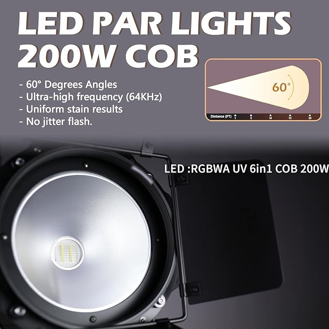 200W LED Stage Light, COB Par Lights with Barn Doors, DMX Blinder Stage Lighting Sound Activated for Wedding Live Show Christmas Party (6 Colors 2PC)