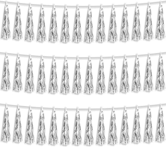 3P Silver Foil Fringe Metallic Tassel Streamers Banner Tassel Garland for Parade Floats, Bachelorette, Wedding, Birthday, Halloween, Christmas, Bridal/Baby Shower Party Decorations