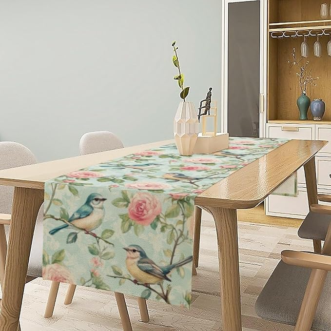 Spring Bird Floral Table Runner,Birds Table Runner Burlap Table Decoration for Seasonal Home Kitchen Dining Dinner Indoor Holiday Farmhouse Decor 13x70 in