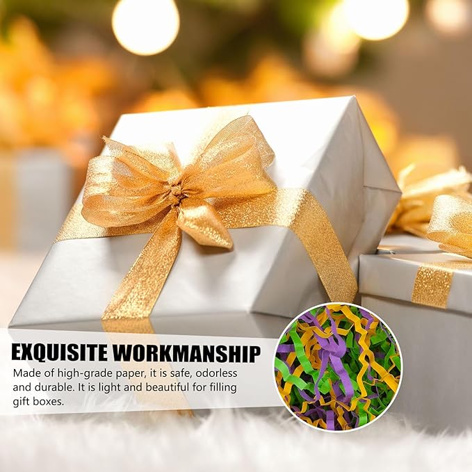 1 LB Gold Green Purple Crinkle Cut Paper Shred Filler Great for Gift Wrapping, Basket Filling, Birthday, Wedding, Mardi Gras, Carnival, Christmas Day, New Year Party Decorations Filling Supplies