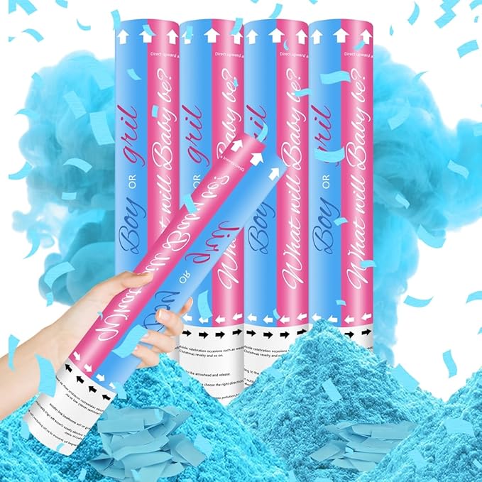 Confetti Cannon Poppers Blue or Pink 12 inch Powder Confetti for Gender Reveal Boy or Girl Set of 4 Smoke Cannon Gender Reveal Decorations Party Poppers for Baby Reveal Party Confetti Powder Poppers