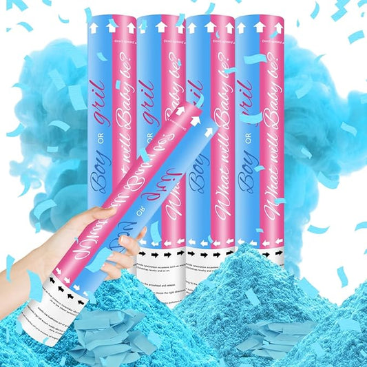 Confetti Cannon Poppers Blue or Pink 12 inch Powder Confetti for Gender Reveal Boy or Girl Set of 4 Smoke Cannon Gender Reveal Decorations Party Poppers for Baby Reveal Party Confetti Powder Poppers
