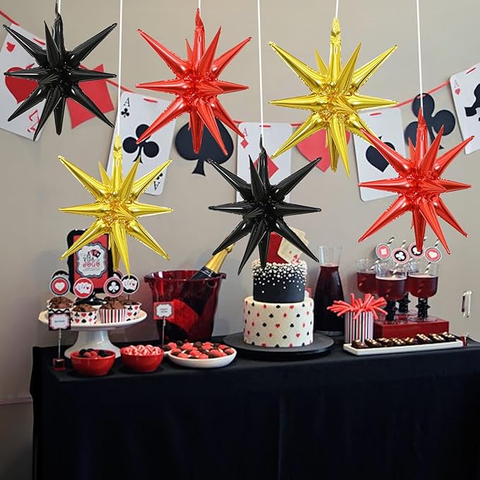 6PCS Star Balloons, 22Inch Red Black and Gold Star Balloon Foil Balloons Spike Cone Balloon for Birthday Anniversary Festival Film Casino New Year Party Decorations