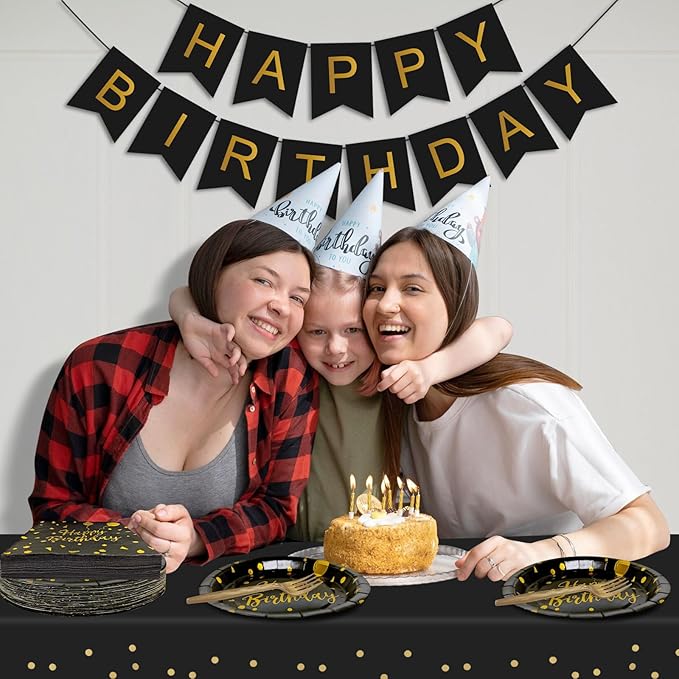 Serves 35 Guests Happy Birthday Paper Plates Party Supplies,7 Inch Black and Gold Happy Birthday Disposable Paper Plates Napkins Forks Tablecloths Banner for Party Decorations