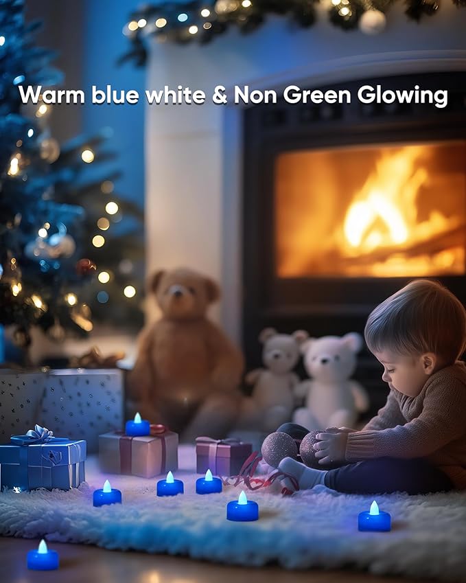 Raycare Blue Battery Operated Tea Lights, 24 Pack Long Lasting Fake Candles, Flameless LED Tea Light, Colored Tealights Candles for Wedding, Table Centerpiece, Party, Halloween, Christmas, Proposal