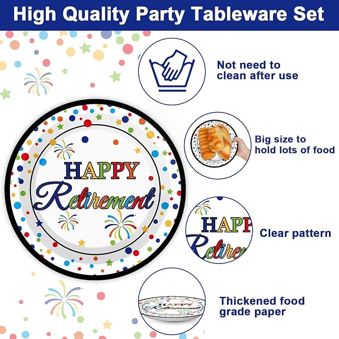 96 Pcs Happy Retirement Party Supplies Colorful Retirement Paper Plates Napkins Table Decorations Retired Themed Dessert Tableware Set Dinnerware Favor Men Woman Indoor Outdoor Decor for 24 Guests