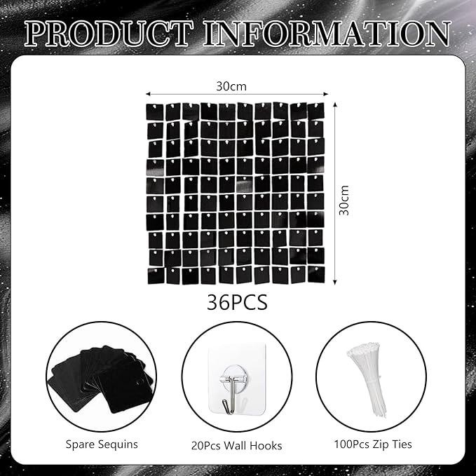 36 PCS Black Shimmer Wall Backdrop, Square Sequin Photo Backdrops Panel, Glitter Wall Background for Birthdays, Weddings, Halloween, Engagements, Disco Bachelorette Party Decoration (6FTx6FT)