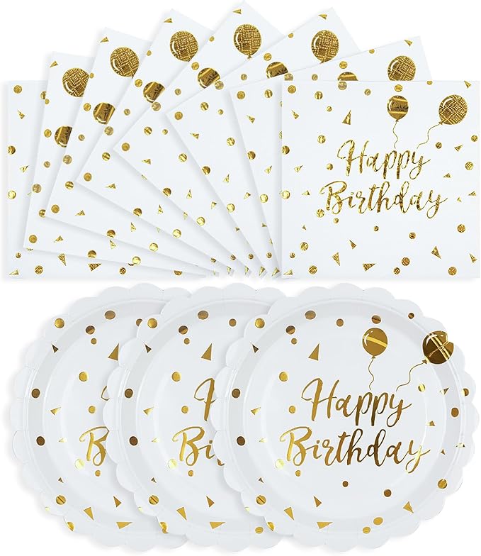 50PCS Happy Birthday Paper Plates and Napkins - 7 Inch Birthday Cake Plates Scalloped White and Gold Dessert Plates and 6.5 Inch Napkins Disposable Tableware Set, Serves 25