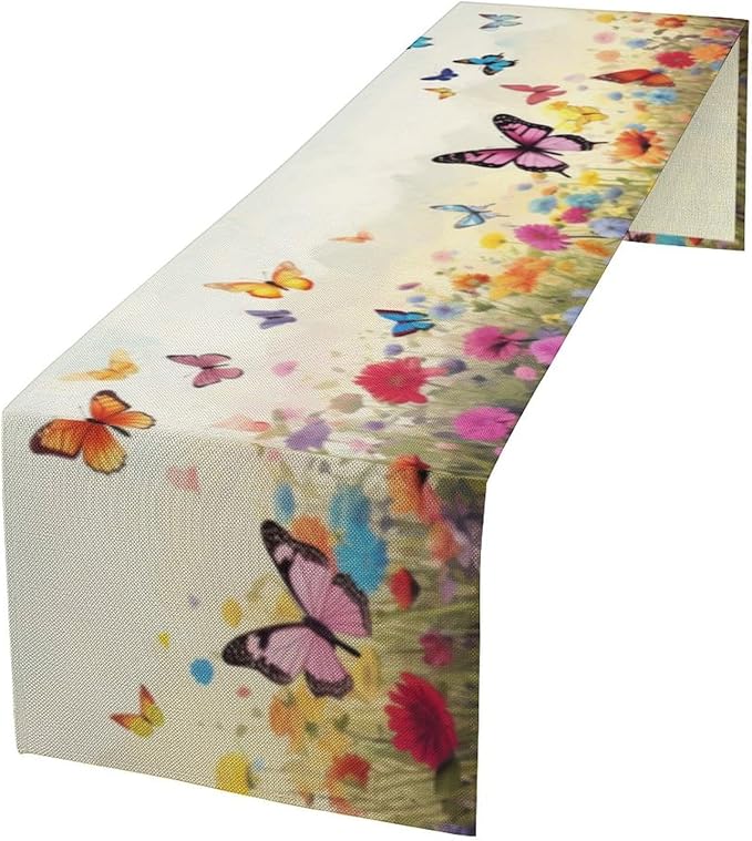 Butterfly Table Runner, Wildflowers Floral Butterfly Table Decoration Seasonal Spring Summer Home Kitchen Dining Table Indoor Outdoor Farmhouse Decor 13x120 Inch
