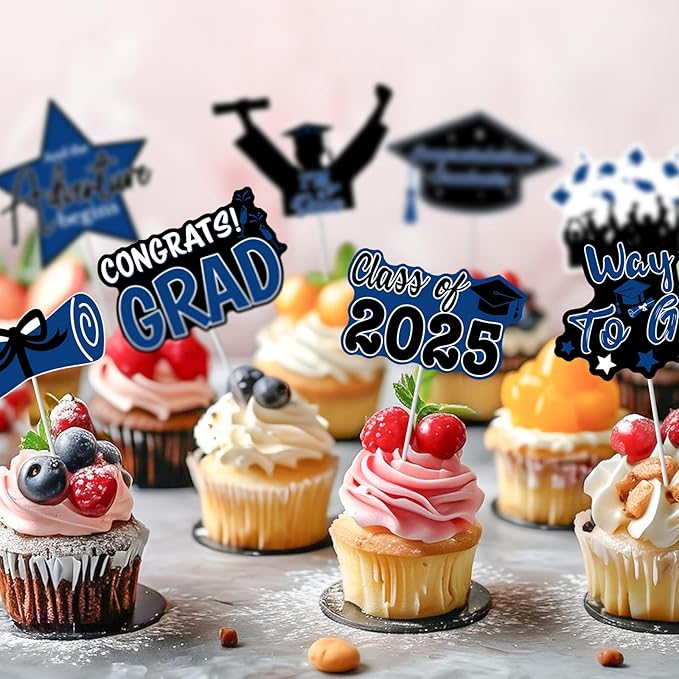 PartyGarden 2025 Graduation Cupcake Toppers - 48 Blue Pcs - 8 Designs - Class of 2025 Graduation Decorations