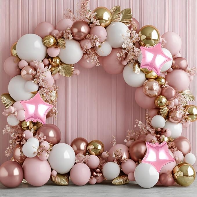 Pink White and Gold Balloon Garland Arch Kit, 160Pcs Pink White Rose Gold Chrome Gold Latex Balloons with Star Foil Balloons for Baby Bridal Shower Wedding Valentine’s Day Birthday Party Decorations
