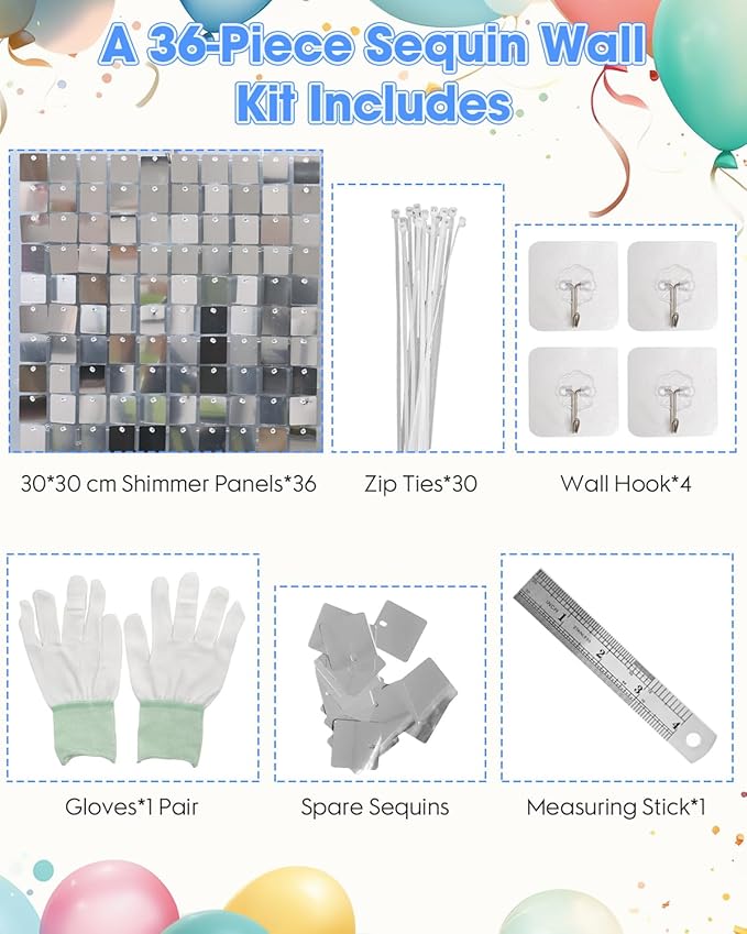 Silver Shimmer Wall Backdrop 36 Panels Cover 6 x 6 Ft, Photo Backdrops for Wedding,Anniversary,Birthday,Party Decoration