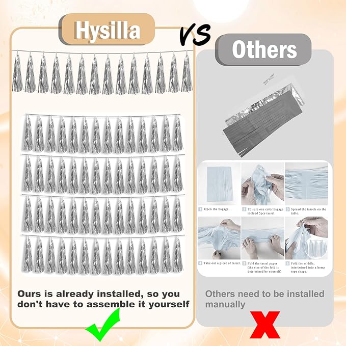 3P Silver Foil Fringe Metallic Tassel Streamers Banner Tassel Garland for Parade Floats, Bachelorette, Wedding, Birthday, Halloween, Christmas, Bridal/Baby Shower Party Decorations