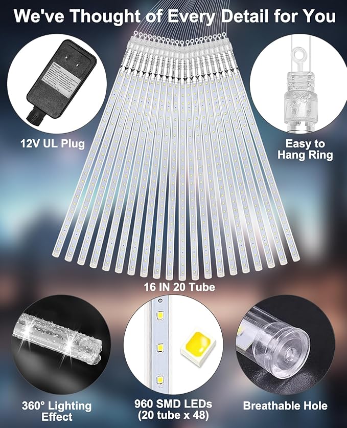 Christmas Lights Outdoor 16 Inch 20 Tubes Meteor Shower Rain Light, Waterproof Falling Icicle String Lighting for Xmas Tree Yard House Decor,Shine White