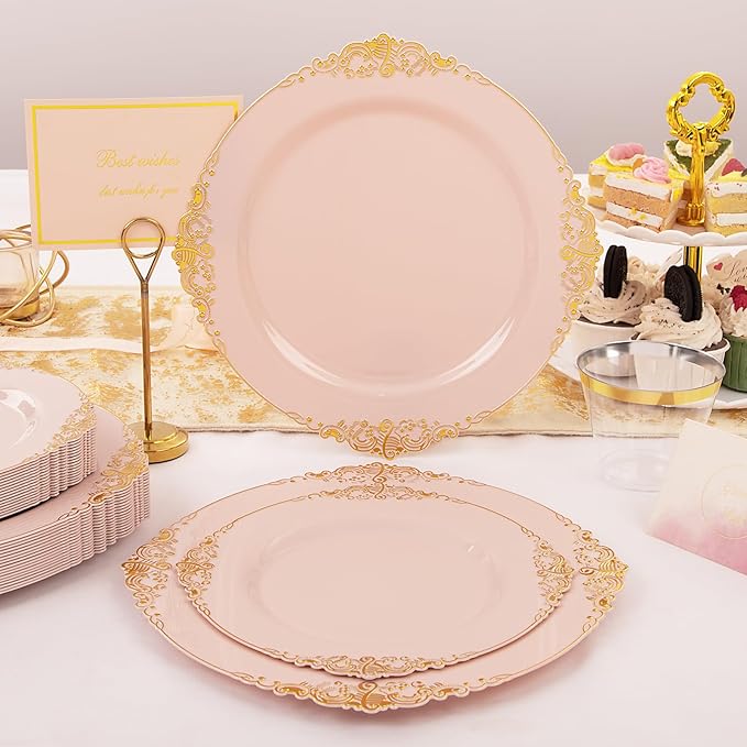 Nervure 175PCS Pink Plastic Plates - Disposable Pink Gold Party Plates & Pre Rolled Napkins with Cutlery for 25 Guests, 50Plates, 75Silverware, 25Cups, 25Napkin for Wedding & Party