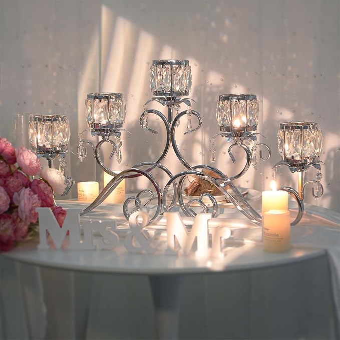 Silver 5 Arms 26.8 Inches Wide Crystal Pendant Bowl Tea Light Candle Holder, Large Bling Centerpiece Table Decorations, Metal Votive Candle Holders for Dining Table (Silver, Cup-Shaped)