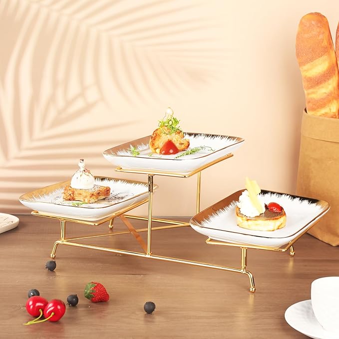 Three-Tier Ceramic Plate Rack - A Foldable Gold-Rimmed Plate Rack with Three 10.6-inch Gold-Rimmed Plates for displaying Food, Fruit, Desserts, and Serving Guests.