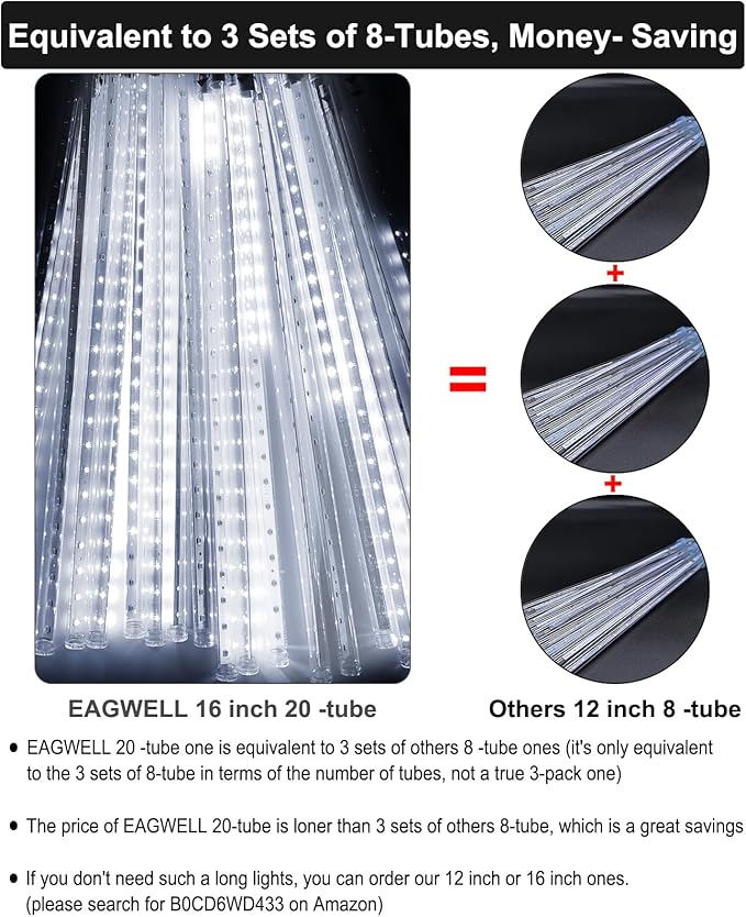 Christmas Lights Outdoor 16 Inch 20 Tubes Meteor Shower Rain Light, Waterproof Falling Icicle String Lighting for Xmas Tree Yard House Decor,Shine White