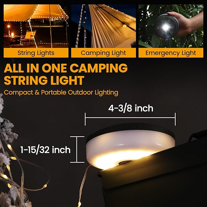 EverBrite Camping String Lights Rechargeable LED Camping Lamp, 29.5FT Outdoor Tent Lights 8 Lighting Modes, USB Charging RGB Modes Hanging Light for Awning Tent/Garden/Party/Christmas Festival Decor