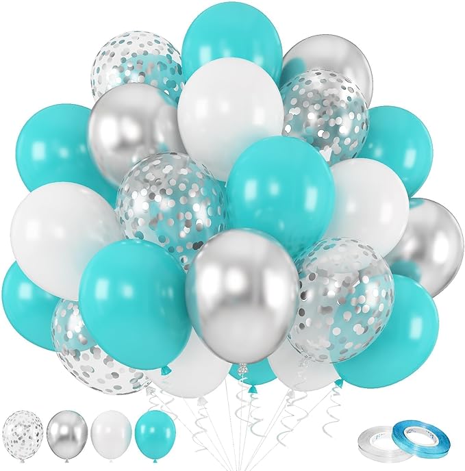 Teal and Silver Balloons, 60Pcs 12 Inch Turquoise White Teal Blue Balloon Set with Chrome Metallic Silver Confetti Balloons for Birthday Baby Shower Wedding Bridal Shower Anniversary Party Decorations