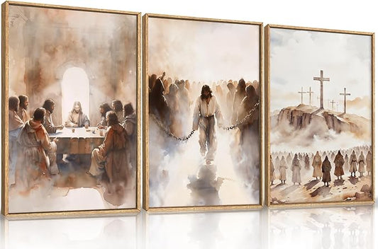 LHIUEM Large Jesus Neutral Framed Canvas Wall Art Set,Christ Church Wall Decor,Christian Bible Story Religious Easter Last Supper Artwork for Living Room,Churches,Prayer Room Decor- 16''x24''x3