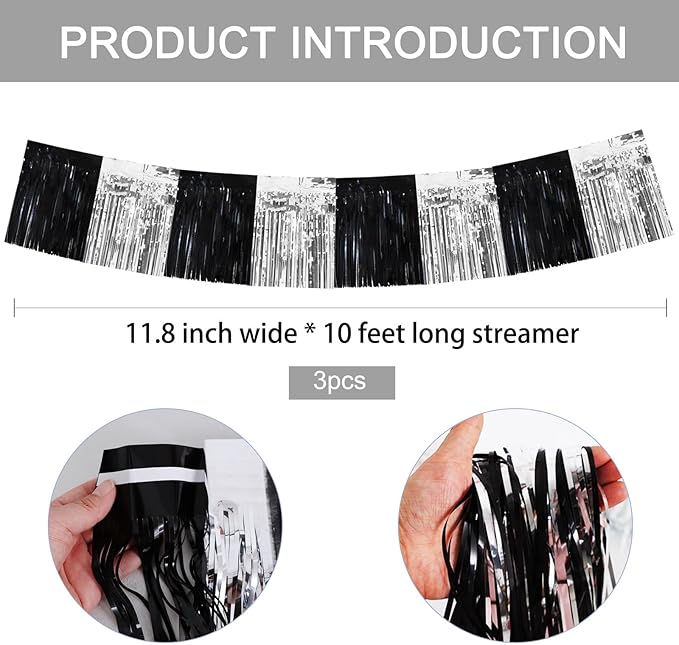BEISHIDA 3 Packs Metallic Foil Fringe Garland Black Silver Wall Hanging Tinsel Fringe Banners for Car Floats Bridal Shower Wedding Birthday Easter Graduation Holiday Party Decoration(30 Feet)