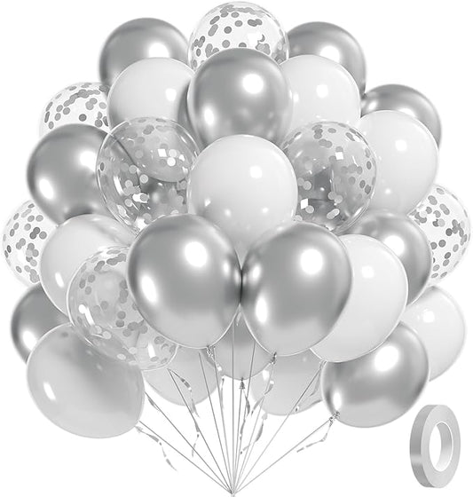 60pcs White and Silver Balloons 12inch, Silver and White Balloons with Metallic Silver Confetti Balloons for Birthday Baby Shower Wedding Anniversary New Years Party Decorations