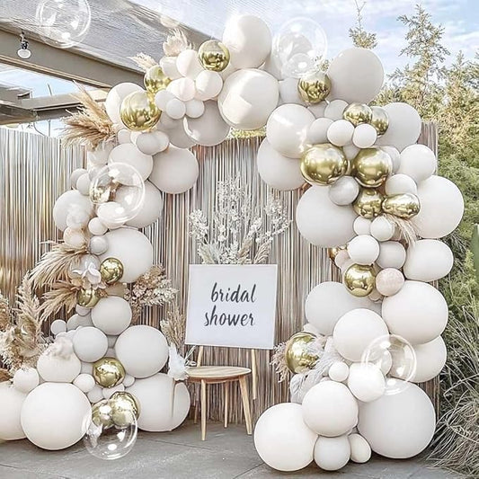 Double Stuffed White Balloon Arch with Clear Bobo, Double Stuffed Light Grey Different White Gold Balloon Garland Kit for Birthday Bridal Shower Wedding Engagement Boho Party Decoration