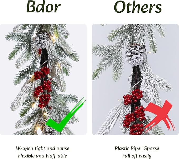 Bdor 6FT Pre-Lit Christmas Garland with Lights – Snow Flocked Pine Garland with Red Berries and Pinecones – Battery Operated Holiday Decoration for Mantel, Staircase, Fireplace, and Front Door