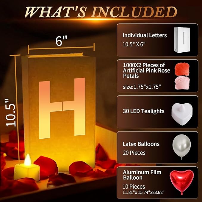Will You Marry Me ? Light Up Letters, Include Light up Letters, with Tea Lights Candles, Latex Balloons, Aluminum Balloons and Rose Petals, Anniversary and Valentines' Day Decorations for Women