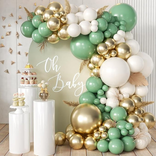 155Pcs Sage Green Arch Kit with Pea Green White Gold Balloons for Baby Shower Bridal Shower Birthday Engagement Wedding Wild One Party Decorations