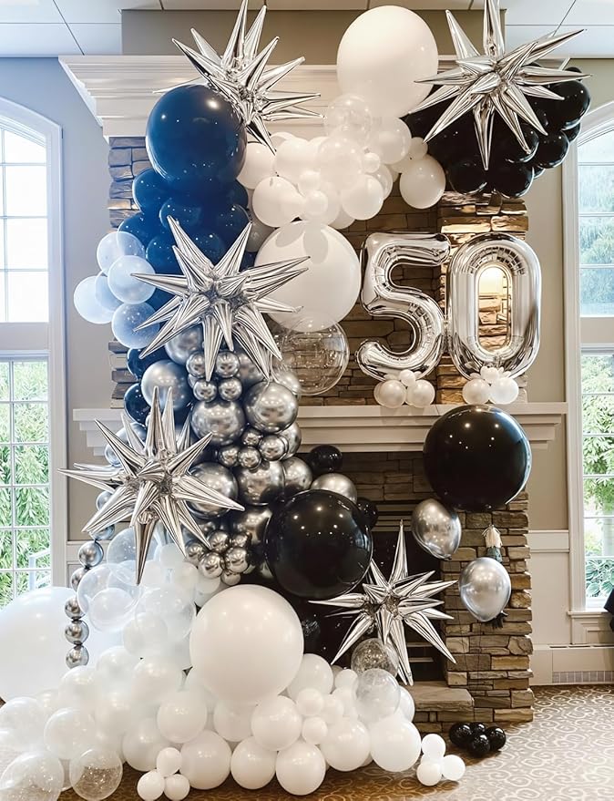 Silver Star Balloons,8Pcs Foil Balloons Explosion Star Balloon One-Piece 14-Pointed Spike Cone Mylar Balloon for New Year Christmas Birthday Wedding Bachelorette Disco Party Decorations