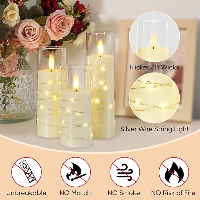 Raycare Flameless Candle with Remote Timer – 9 Flickering Acrylic Battery Operated LED Pillar Candles with Embedded Star String for Christmas, Home Decor, and as a Gift (Ivory)