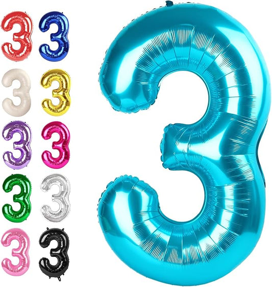Large 40 Inch Blue 3 Number Balloon, 3 13 23 30 33 36 38 Blue Birthday Party Decorations, Numbers Three Foil Balloons for Anniversary Party Graduations Celebration Supplies