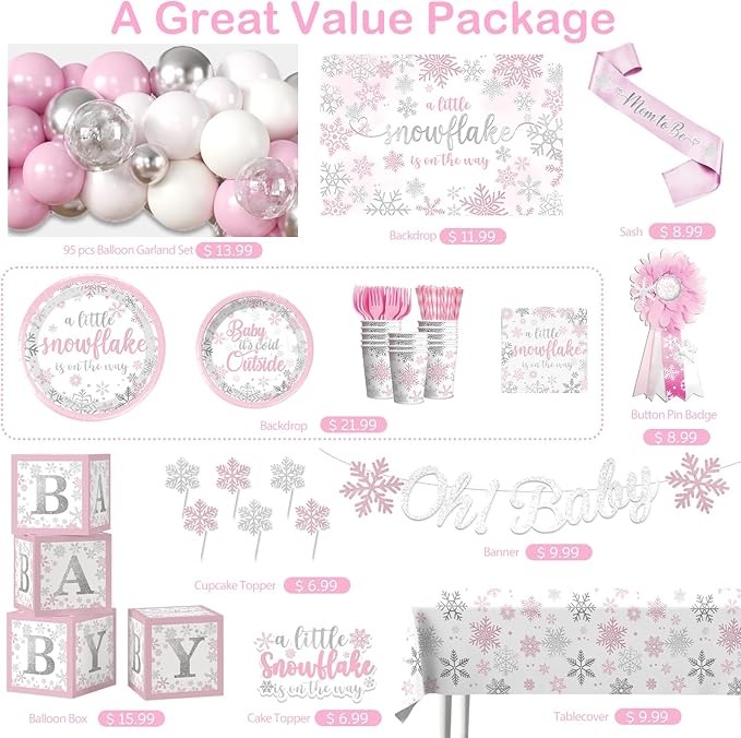 227pcs Winter Baby Shower Decorations, All-in-one Winter Supplies Pack Includes 20 Tableware, Pink A Little Snowflake Is on The Way Backdrop Tablecloth, Baby Its Cold Outside Baby Shower Decorations