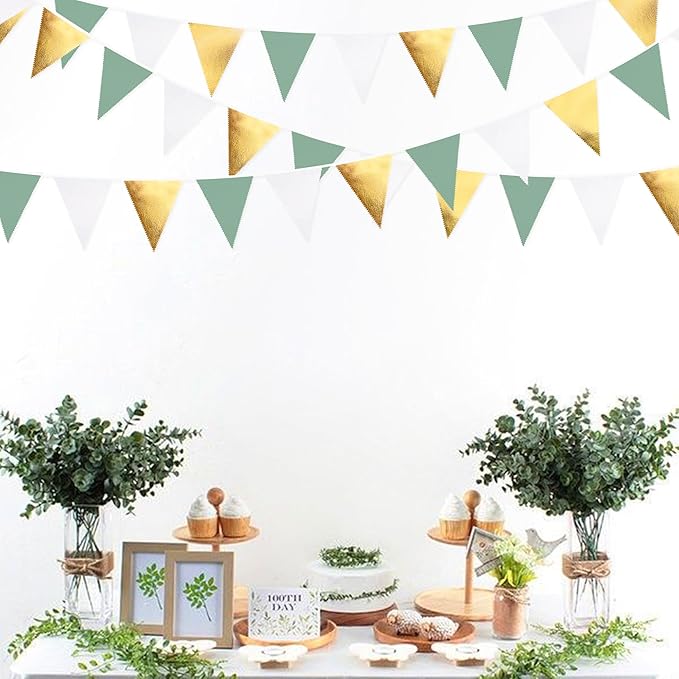 32Ft Sage Green Party Decorations Sage Green and Gold Triangle Flag Fabric Banner Pennant Bunting Garland Streamers for Rustic Party Wedding Baby Shower Birthday Home Nursery Outdoor Garden Decor