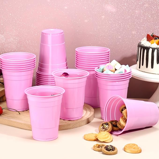 Dualshine 100 Pack Pink Plastic Cups 16 oz, Disposable Cups for Party, Heavy Duty Drinking Cups, Graduation Shot Cup for Wedding Birthday Beer Taste Serving Snack Sample Tastings Barbecues Picnic
